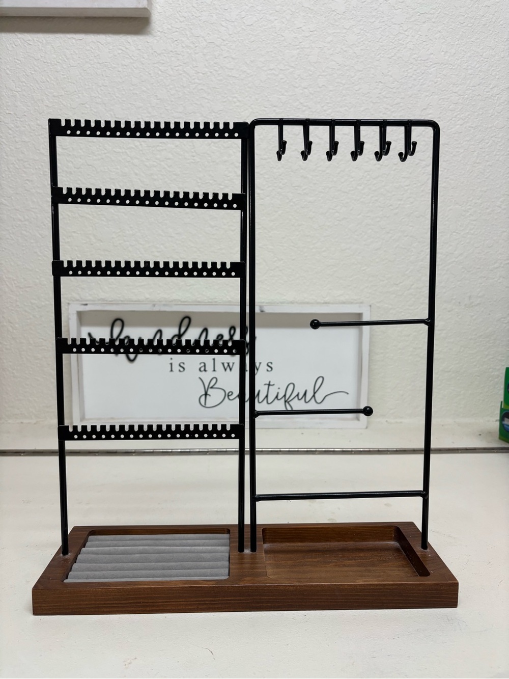 Black Metal & Wood Jewelry Organizer Stand with Earring and Bracelet Hooks